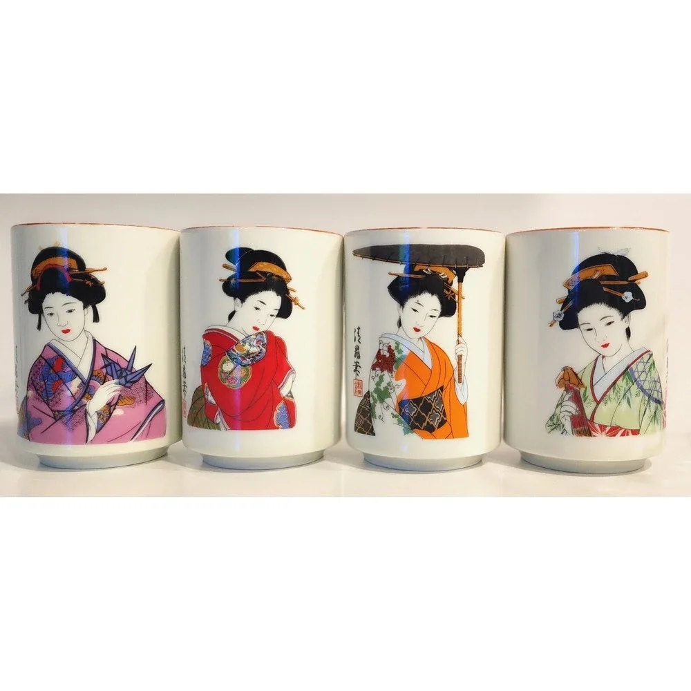Furisode Kimono Japanese Geisha Tea Cups Artist Signed Set Of 4
